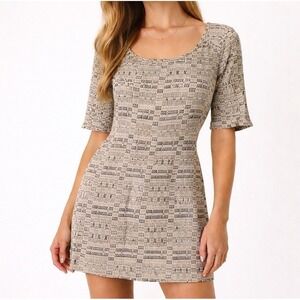 Eskell Silk Mini Dress Womens M Taupe Geo Keyhole Cutouts USA Club Luxury Resort